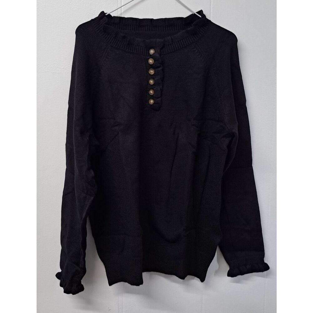 Women's Sweater Casual Long Sleeve Button Down Crew Neck Black XXL‎